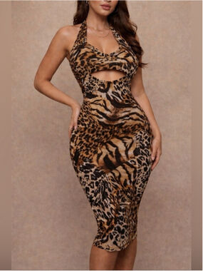 Micas tiger leopard print chic dress size XL halter neck CC18/23